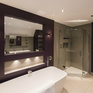 Modern Freestanding Bath with Wall Spout and Recessed Mirror