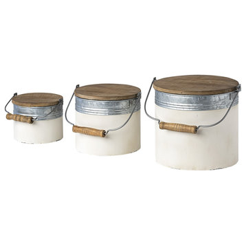Set of Three Rustic White Metal Storage Cans