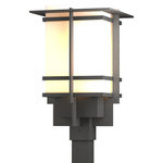 Hubbardton Forge - Tourou Large Outdoor Post Light, Coastal Natural Iron Finish, Opal Glass - Although the design is in honor of traditional Japanese stone lanterns, our Tourou Outdoor fixture is much easier to post-mount outside home or business. Metals bands crisscross and hug the square glass tube for design flare.