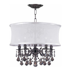 Transitional Pewter Crystal Chandelier with White Silk Drum Shade - Chandeliers