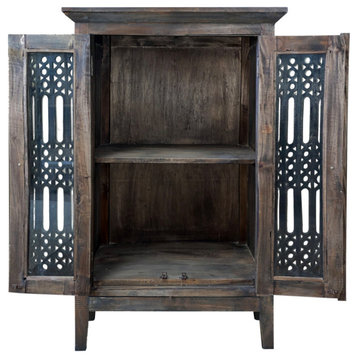 Solid Wood Deco Carved Hall Cabinet, Distressed Black/Raftwood Brown Solid Wood