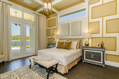 Inspiration for a large contemporary master bedroom in Miami with multi-coloured walls, ceramic floors and no fireplace.
