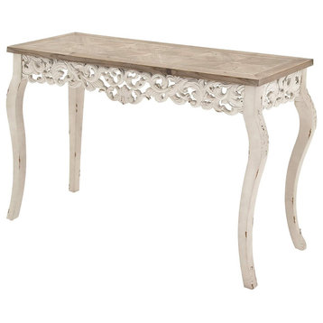 Farmhouse Console Table, Cabriole Legs With Carved Floral Details, Two Tone
