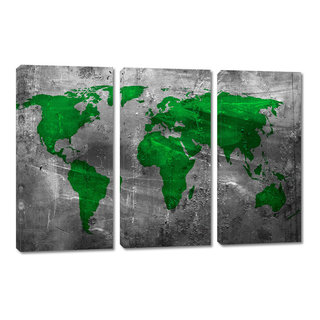 Abstract Green World Map Canvas Print 3 Panel Split Triptych Wall Art ...