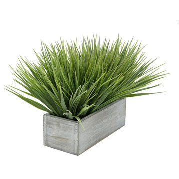 Artificial Frosted Farm Grass in 9" Grey-Washed Wood Trough