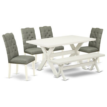 East West Furniture X-Style 6-piece Wood Dining Set in Linen White/Smoke