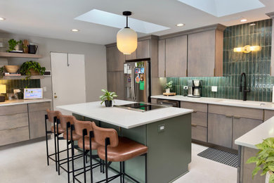Inspiration for a mid-sized modern l-shaped ceramic tile and white floor eat-in kitchen remodel in Chicago with an undermount sink, flat-panel cabinets, gray cabinets, wood countertops, green backsplash, ceramic backsplash, stainless steel appliances, an island and white countertops