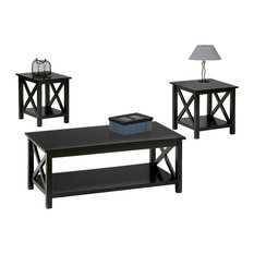 Rich Black Finish Modern 3Pc Coffee Table Set w/Wave Design Base