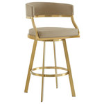 Armen Living - Saturn Gold Brushed Swivel Counter Stool, Brown, 30" - Bring sophisticated elegance and comfort to any corner of your space with the Saturn Swivel Counter or Bar Height Stool in Faux Leather and Stainless Steel by Armen Living. Refined design details and a mix of high-quality materials lend luxurious charm to our barstool. The beautifully stylized armrest and curved back offer a polished and sophisticated look. The generously padded, barrel back flows into the beautifully stylized armrests for maximum comfort and a sophisticated silhouette. Perched upon tapered stainless steel legs, the Saturn barstool effortlessly combines comfort and aesthetics. It adds a dose of style and practicality to your kitchen island, pub table, eat-in kitchen, home bar, or adjustable desk in a home office. This stool includes a built-in circular footstool for an added layer of comfort, along with the high-density foam cushions and supple faux leather. Each leg is tipped with floor protectors, ensuring that the bar stool will not slip on or scratch hardwood or tile floors, making this a durable bar stool that will last for many years to come.  Its smooth 360-degree swivel function offers maximum mobility and will become your favorite spot to sit and enjoy conversations with friends and family. The Saturn Swivel Counter and Bar Height Stool is available in a Gold Brushed Stainless finish with Light Sand, White, or Black faux leather, or Brushed Stainless Steel finish in Gray or Black faux leather to bring lasting elegance to your home.