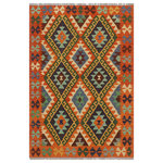 Bareens Designer Rugs - Southwestern Turkish Kilim Babara Hand-Woven Wool Rug - 3'3'' x 4'9'' - Elevate the elegance of your home with this stunning hand-woven tribal Kilim wool rug. Meticulously crafted on a loom by the Nomad Turkman people using hand-spun wool and 100% natural vegetable dyes, these rugs are recognized for their repetitive geometric patterns, incorporating naturalistic floral and traditional designs. The contemporary fashion palette results in bold, sharp patterns that are incredibly versatile, as the pattern is the same on both sides. These reversible rugs feature a lighter shade on one side and brighter colors on the other, providing versatility according to preference. These unique rugs are made by knotting short strands of different colors onto the warps and securing them by tightly pressing the wefts. The designs are created by interweaving the various colored wefts and warps. Kilims are known for their exceptional durability and versatility, making them truly unique rugs.  Product Details    Rug Size: 3'3'' x 4'9''  Material: 100% Wool  Style: Kilim, Flat Weave, Dhurrie, Turkish, Southwestern, Rustic, Tribal  Colors: Rust, Gold  Weave Type: Hand-Woven, Handmade  Pile Height: Less than 0.25 inch