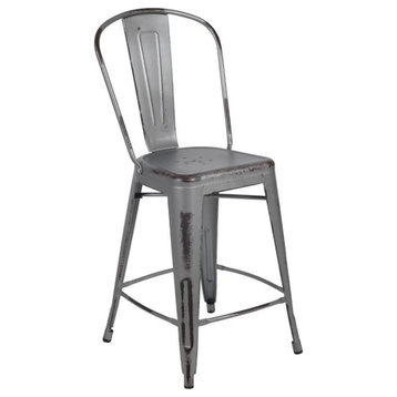 Flash Furniture 24" Metal Slat Back Counter Stool in Distressed Silver Gray
