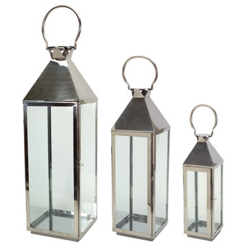 Lantern (Set Of 3) 19.5", 26", 34"H Stainless Steel/Glass