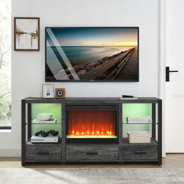 60" Electric Fireplace Media TV Stand, Sync Colorful LED Lights, Dark Oak
