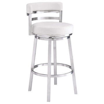 Contemporary Bar Stool, Comfortable Padded Seat and Rounded Back, White, Bar