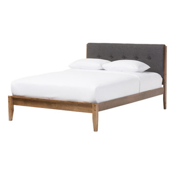Leyton Mid-Century Modern Gray Fabric Upholstered Platform Bed, Queen