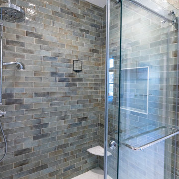 Primary Bathroom Remodel with Herringbone Flooring + Custom Shower