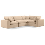 Meridian Furniture - Comfy Upholstered L-Shaped Modular Sectional, Beige, 4-Piece: 1 Armless Chair, 3 Corner Chair, Velvet - Give your space a whole new look with this beige Comfy velvet sectional. This handsome sectional fits nicely with other items in the Comfy collection and is a versatile seating option designed for adaptability, comfort and style. Wrapped in rich beige durable velvet upholstery, this sectional offers a plush embrace of overstuffed down feather cushions, carefully crafted to deliver the highest level of comfort. The perfect seat for creating an oasis for relaxation, this sectional has thick foam surrounding its frame for added support and coziness.