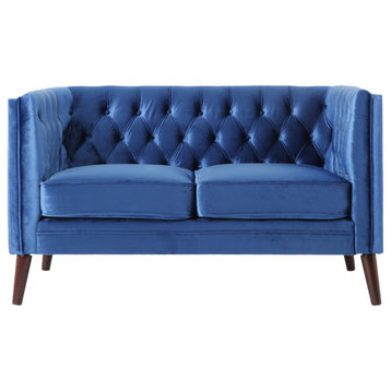 Henton Contemporary Upholstered Tufted Loveseat, Navy Blue/Brown, Velvet