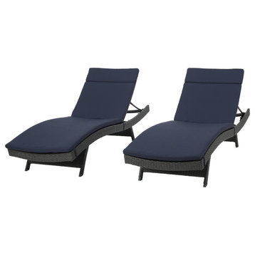 GDF Studio Nassau Outdoor Gray Wicker Chaise Lounge Navy Blue Cushions, Set of 2