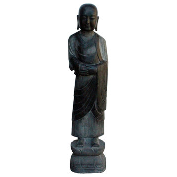 Chinese Black Gray Stone Carved Standing Monk Lohon Statue Hcs3628