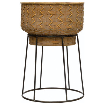 Hand-Woven Rattan Planter With Metal Stand, Natural and Black