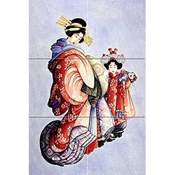 Tile Mural Japan People Oiran and Kamuro Backsplash, 4.25" Ceramic, Glossy