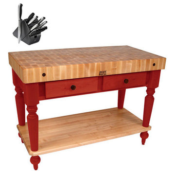 John Boo CUCR05 48x24 Rustica table, Henckels  Knife Set, Barn Red, Shelf