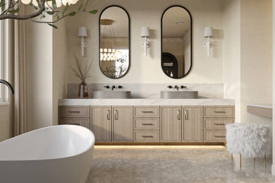 Modelo de cuarto de baño minimalista con bañera exenta, paredes blancas, lavabo sobreencimera y suelo beige