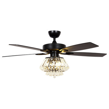 Modern Crystal Ceiling Fan With Lights and Remote Control, 5 Blades, Matte Black