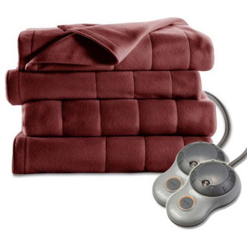 Sunbeam Heated Electric Blanket Quilted Fleece King Garnet Red