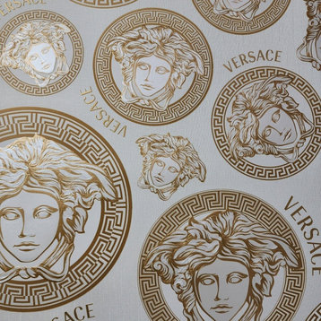 Medusa head Versace Off white gold metallic greek key circles textured Wallpaper, 27 Inc X 33 Ft Roll