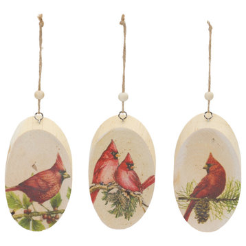 Wood Cardinal Bird Tree Disc Ornament, Set of 24
