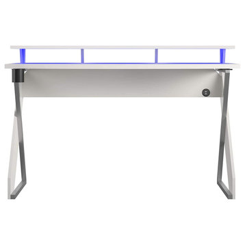 Contemporary Desk, Unique Shaped Design With 2 USB Ports and RGB Lights, White
