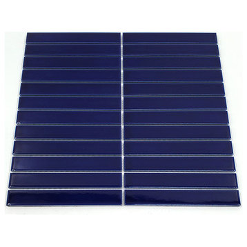 Gio Cobalt Blue Glossy 1" X 6" Stacked Linear Porcelain Mosaic Tile, 11 Sheets