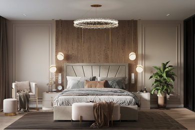 Imagen de dormitorio principal y blanco y madera clásico renovado de tamaño medio con paredes beige