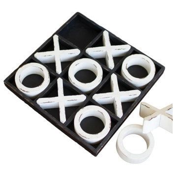 Rustic 10 Piece Painted Wood Tic Tac Toe Game Family Tabletop Set Black Tray