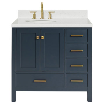 Ariel Cambridge 36" Left Offset Single Oval Sink Vanity, Carrara Quartz, Midnight Blue