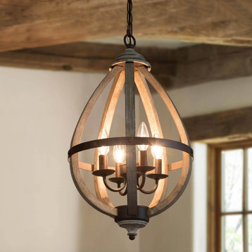 LNC Pitaya 4-Lights Farmhouse Handmade Globe Antique Wood Lantern Cage Chandelie
