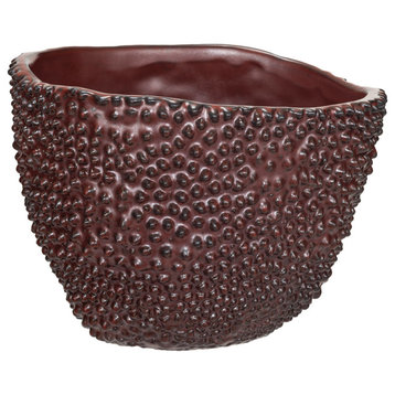 Stoneware Organic Shaped Planter With Raised Dots and Reactive Glaze, Brown