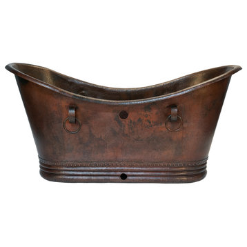 72" Hammered Copper Double Slipper Bathtub With Rings and Overflow Holes