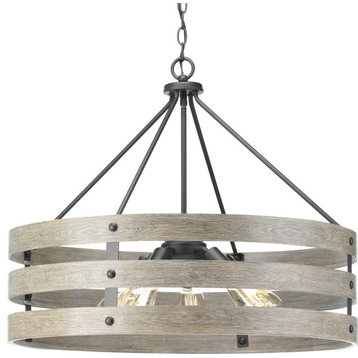 Farmhouse Dimmable Pendant Light, Open Cage & 5 Glass Shades, Graphite
