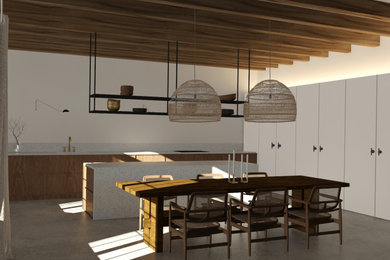 Diseño de cocina mediterránea de tamaño medio con fregadero bajoencimera, puertas de armario de madera oscura, encimera de cuarzo compacto, suelo de cemento, una isla y suelo gris