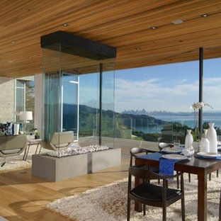 Geräumiges Modernes Esszimmer mit beiger Wandfarbe, Kalkstein, Tunnelkamin und Kaminsims aus Stein in San Francisco