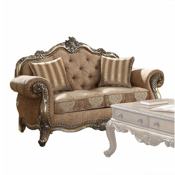69" Brown And Platinum Polyester Blend Damask Chesterfield Loveseat, Fabric