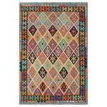 Bareens Designer Rugs - Tribal Turkish Kilim Lavera Hand-Woven Wool Rug - 5'6'' x 7'7'' - Elevate the elegance of your home with this stunning hand-woven tribal Kilim wool rug. Meticulously crafted on a loom by the Nomad Turkman people using hand-spun wool and 100% natural vegetable dyes, these rugs are recognized for their repetitive geometric patterns, incorporating naturalistic floral and traditional designs. The contemporary fashion palette results in bold, sharp patterns that are incredibly versatile, as the pattern is the same on both sides. These reversible rugs feature a lighter shade on one side and brighter colors on the other, providing versatility according to preference. These unique rugs are made by knotting short strands of different colors onto the warps and securing them by tightly pressing the wefts. The designs are created by interweaving the various colored wefts and warps. Kilims are known for their exceptional durability and versatility, making them truly unique rugs.  Product Details    Rug Size: 5'6'' x 7'7''  Material: 100% Wool  Style: Kilim, Flat Weave, Dhurrie, Turkish, Southwestern, Rustic, Tribal  Colors: Beige, Blue  Weave Type: Hand-Woven, Handmade  Pile Height: Less than 0.25 inch