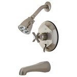 Kingston Brass - Kingston Brass Tub and Shower Faucet, Brushed Nickel - This pressure balance shower set with its faceted face plate and cylindrical escutcheon will work well with most contemporary and transitional decors, this valve features screwdriver stops and a built-in diverter.