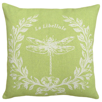 Dragonfly Printed Linen Pillow With Feather-Down Insert-Chartreuse Green