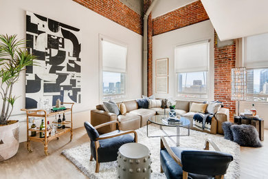 Mid-sized 1960s formal and open concept light wood floor and beige floor living room photo in San Diego with white walls, no fireplace and no tv