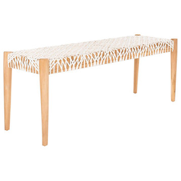 Traditional Bench, Natural Teak Wooden Frame With Off White Leather Upholstery