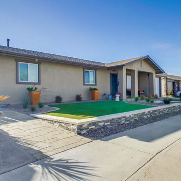 Front yard Remodel with Pavers, Walls, Artificial Grass, Xeriscape & More